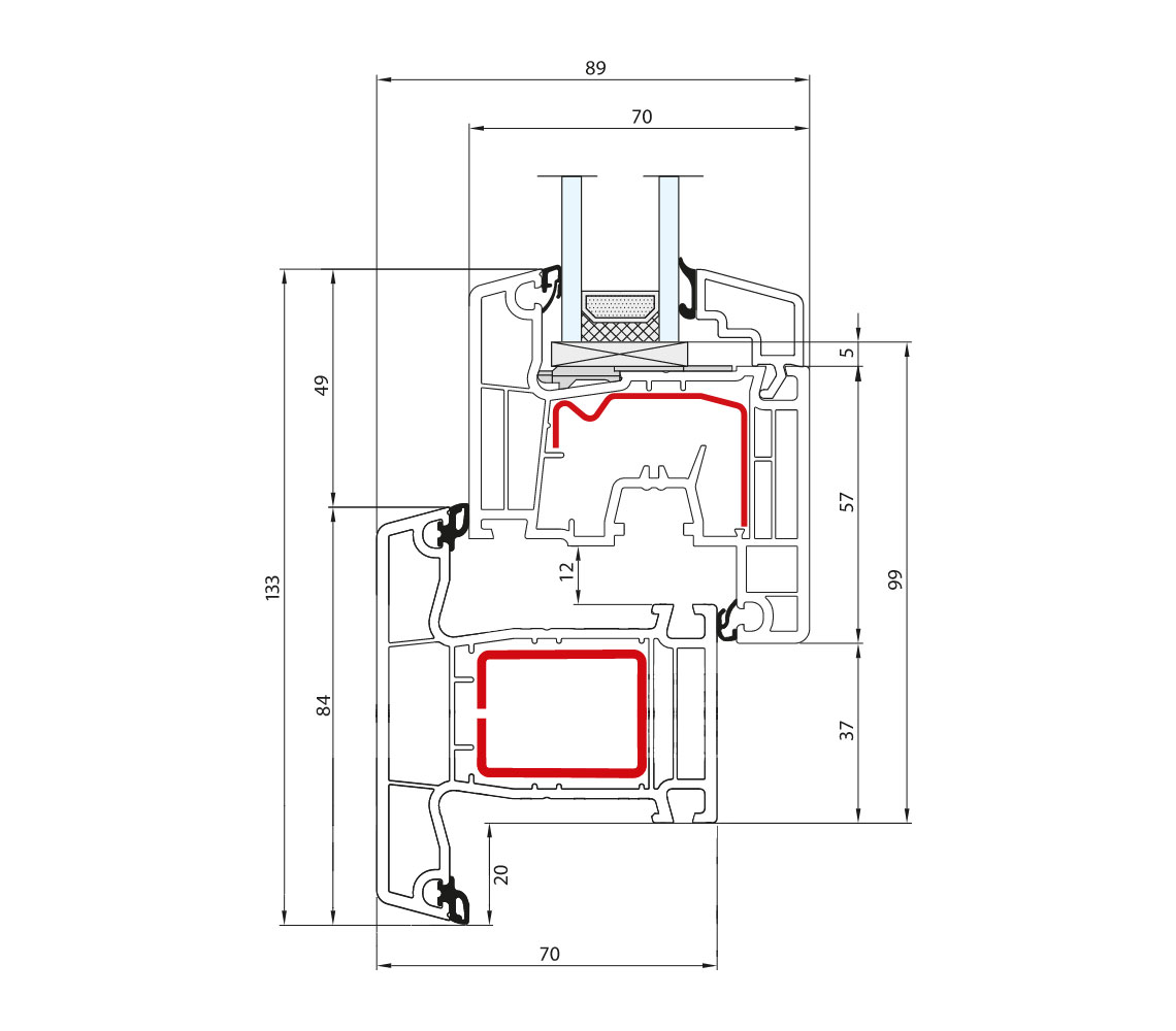 Doorsnede Aluplast Ideal 4000 met maatvoering 70mm installatiediepte